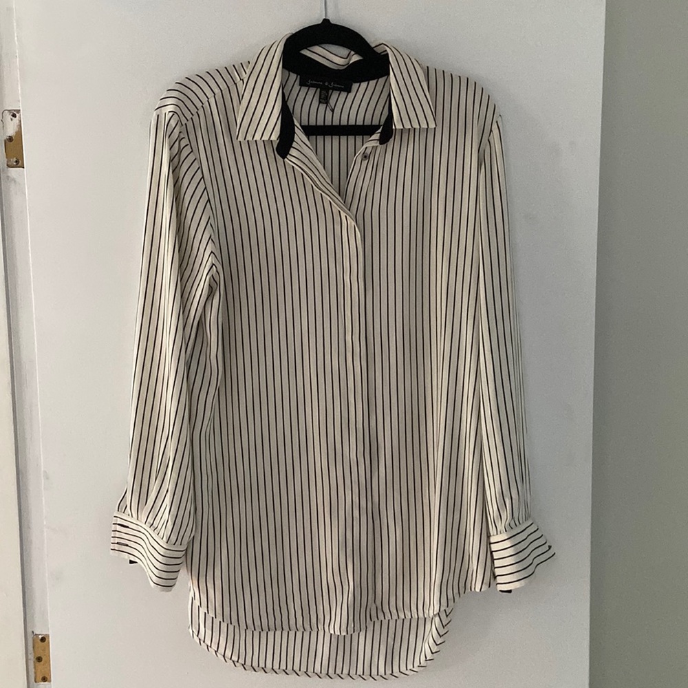 Black and white striped business blouse